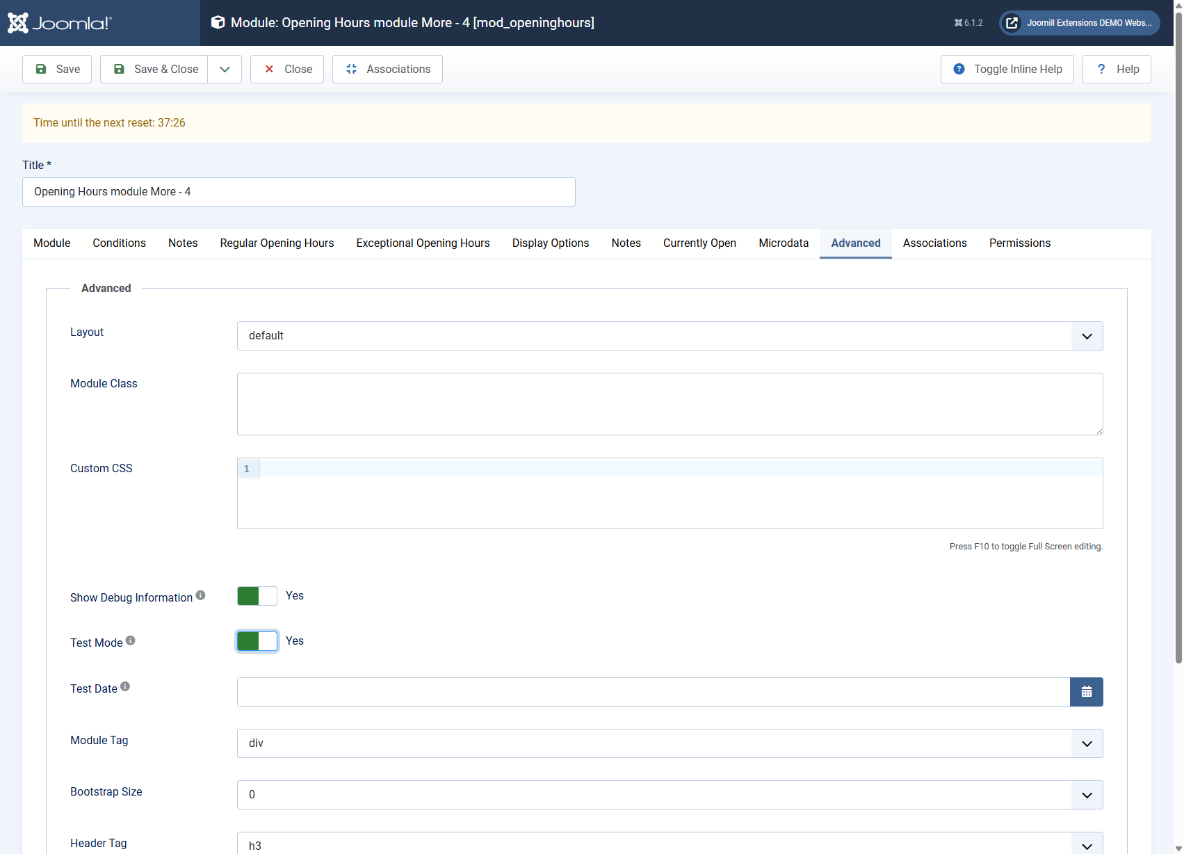Opening Hours Debug, Test Mode and Test Date fields